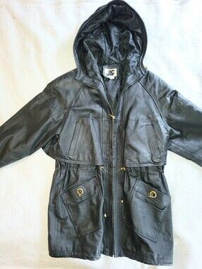 Vintage 90's JLC Black Genuine Leather Hooded Oversized Parka Jacket Size Medium